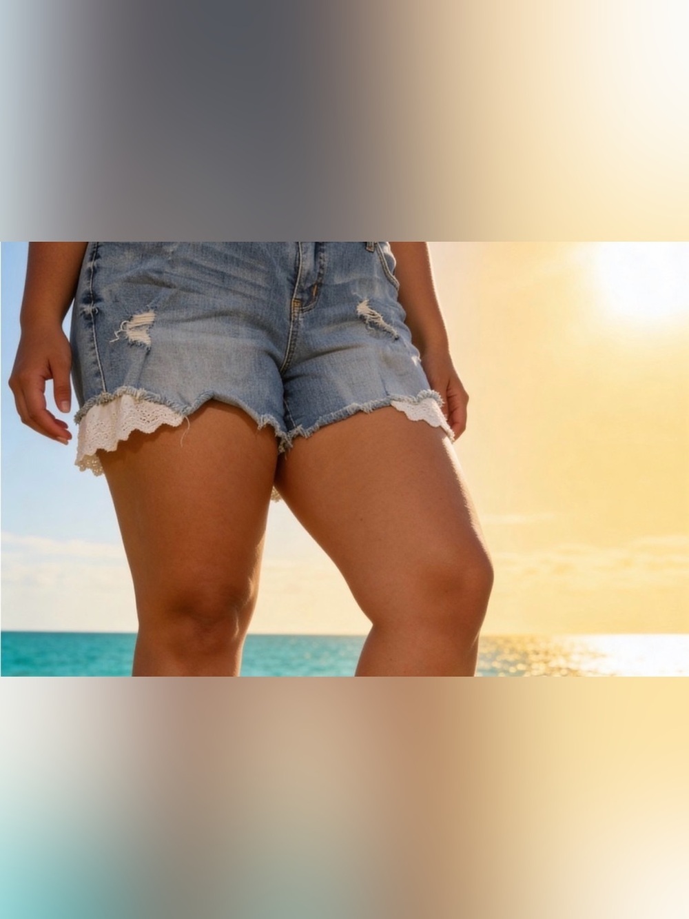 torrid Light Wash Blue Denim Shorts with White Lace Trim